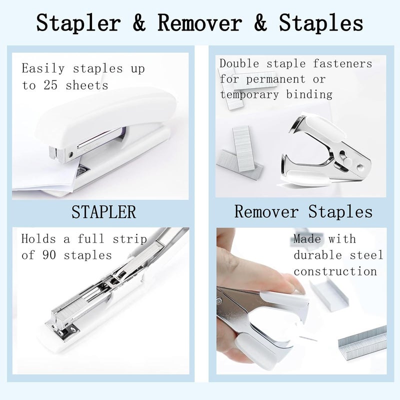 Dimonluce Office Desk Accessories, White Office Supplies Accessories with Tape Dispenser, Stapler, Staple Remover, 1000 Staples, Tape, Clips Set, Ruler, Scissor, Pen - Image 2